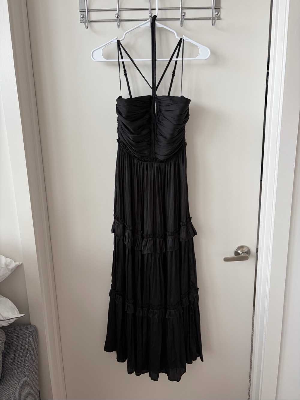 Aqua Black Ruched Bodice Tiered Maxi Dress